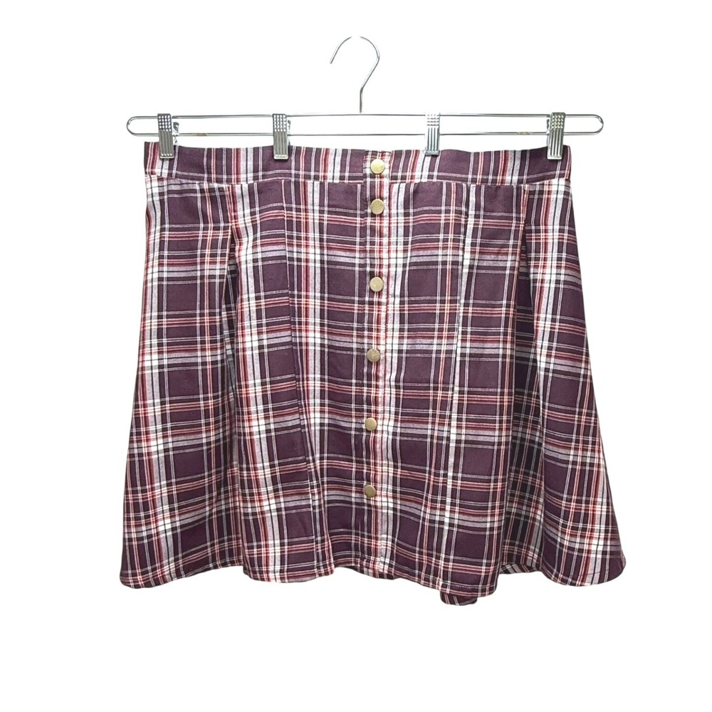 Torrid Plaid Mini Skirt 2 Maroon Faux Button Front Pleated Skater‎ Dark Academia